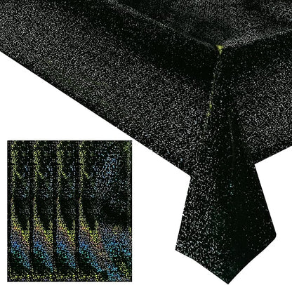 4 Pcs Black Holographic Laser Tablecloth Galaxy Space Table Cloth 40 * 108 Inch Shimmer Star TableCover for Halloween Birthday Graduation Neon Party Supplies Disposable Plastic Foil Table Decor