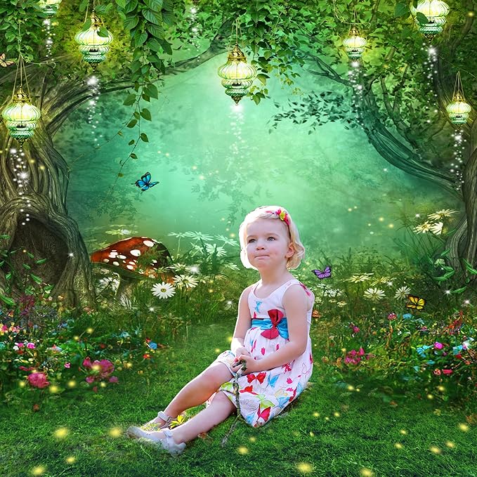 Riyidecor Fairy Wonderland Garden Backdrop Green Princess Birthday 5Wx7H Feet Enchanted Green Backdrop for Baby Shower Birthday Party Photo Studio Shoot Reusable Fabric