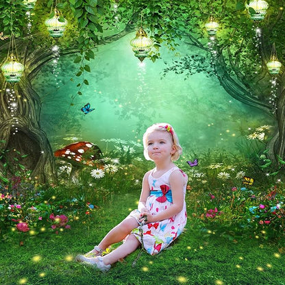 Riyidecor Enchanted Backdrop Polyester Fabric Wonderland Green Fairy Tale Butterfly Woodland Spring 6Wx8H Feet Dream Mushroom Photography Background Baby Shower Birthday Photo Studio Shoot