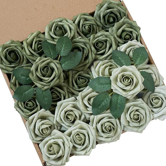 Artificial Flowers, 25pcs Realistic Artificial Rose for Centerpieces Arrangements, Sage Green Foam Flowers with Stem for Bridal Shower Party Home Decorations