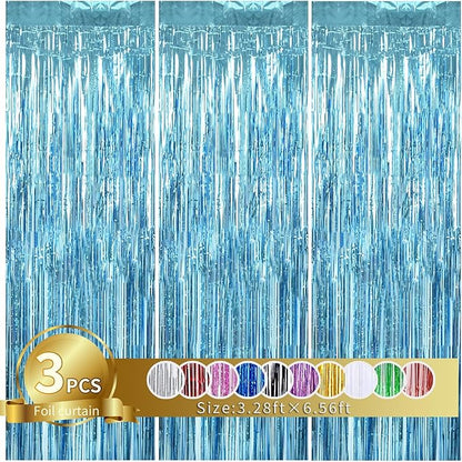 TONIFUL 3Pcs Light Blue Door Streamers,Light Blue Photo Booth Backdrop Metallic Streamers Foil Fringe Curtains for Birthday,Christmas,New Year,Bachelorette,Grad Party Streamers Decor(9.9ft x 6.6ft)