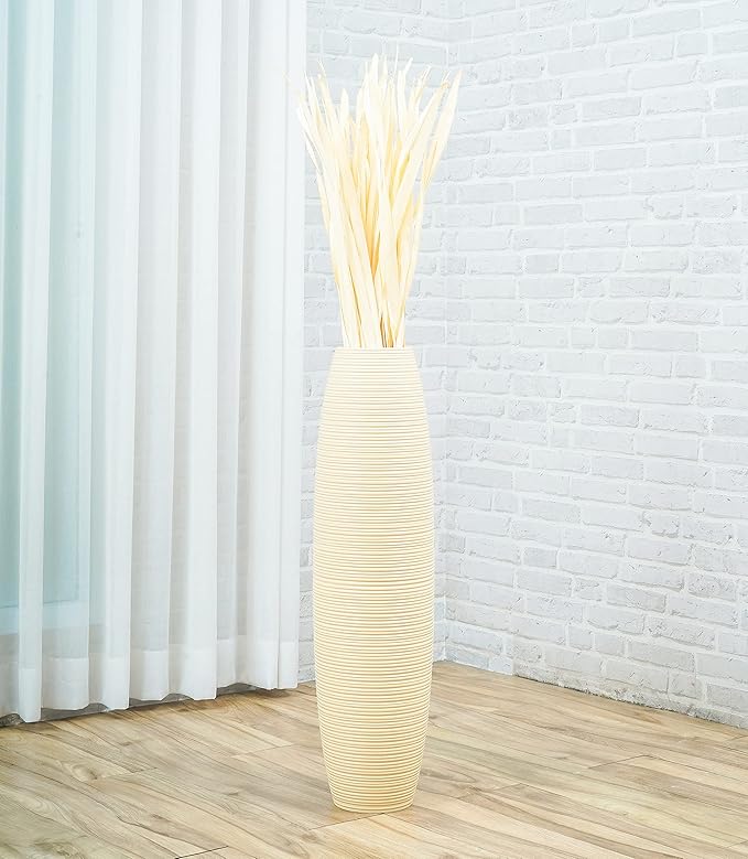Leewadee Large Cream Home Decor Floor Vase – Wooden 28 inches Tall Farmhouse Decor Flower Holder for Fake Plant and Pampas Grass