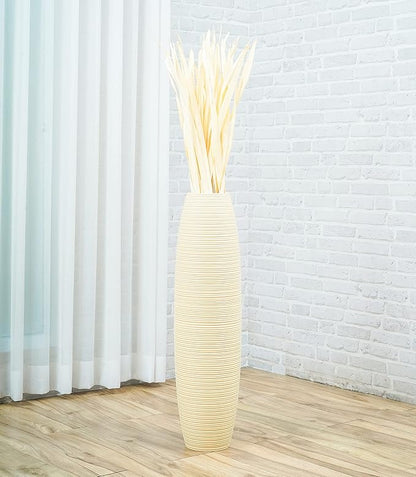 Leewadee Large Cream Home Decor Floor Vase – Wooden 28 inches Tall Farmhouse Decor Flower Holder for Fake Plant and Pampas Grass
