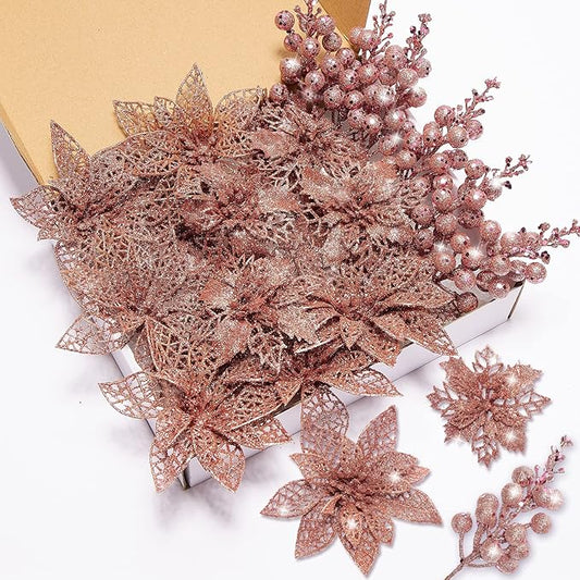 22Pcs Poinsettia Artificial Flowers and Glitter Berries Stems Kit, 16Pcs Christmas Tree Flowers Ornaments and 6 Pack Christmas Tree Picks for Wedding Holiday Decorations (Rose Gold)