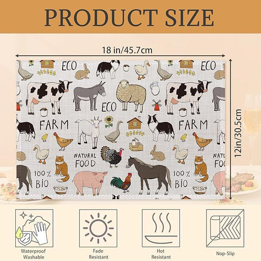 Farm Animals Cow Pig Placemats Set of 6 Place Mats for Kitchen Table Washable Farmhouse Linen Table Mats Dining Decoration 12x18 Inch
