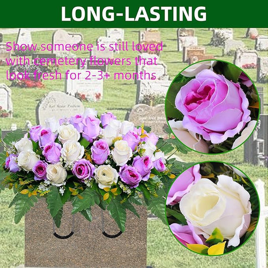 Artificial Cemetery Flower Saddles, Rose Headstone Flower Saddle Outdoor Grave Decorations,Cemetery Memorial Flowers with Vase for Grave Tombstone Decorations (Purple with white, Saddle)