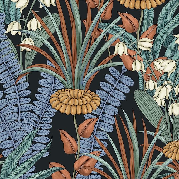 Boho Floral Wallpaper Peel and Stick, Vintage Botanical Wall Paper, Self Adhesive Wall Mural 17.5" x 78.7" Tropical Retro Contact Paper Waterproof for Bedroom Walls Cabinet (Black, Orange, Blue)