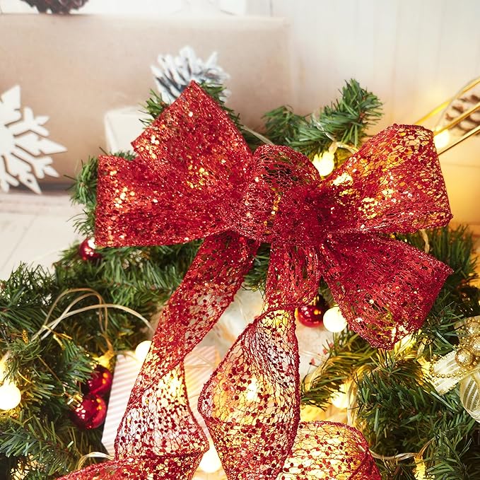 CT CRAFT LLC Sparkling Glitter Mesh Wired Ribbon 2.5" x 20 Yards Red for Christmas Home Decor Bow Gift Wrapping DIY Crafts Wreath