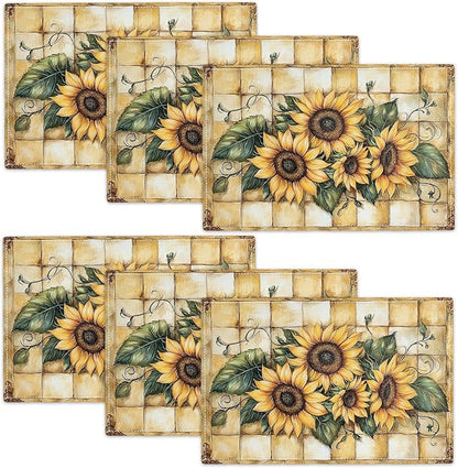 Farmhouse Sunflower Placemats Set of 6, Country Flowers Place Mats, Rustic Yellow Check Dining Table Mats, Washable Placemats for Kitchen Dining Room Home Decor 18L'' × 12W''