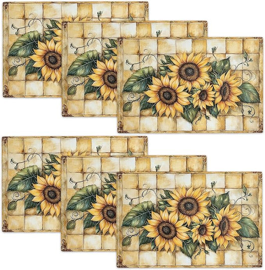 Farmhouse Sunflower Placemats Set of 6, Country Flowers Place Mats, Rustic Yellow Check Dining Table Mats, Washable Placemats for Kitchen Dining Room Home Decor 18L'' × 12W''