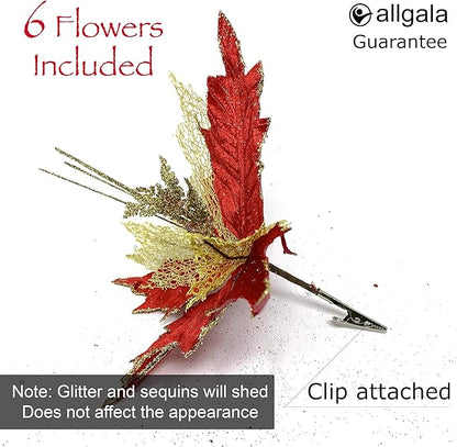 allgala XF93307 Glitter and Sequin Decorated Fabric Poinsettia Artificial Christmas Flower with Clips (Pack of 6, Red Gold)