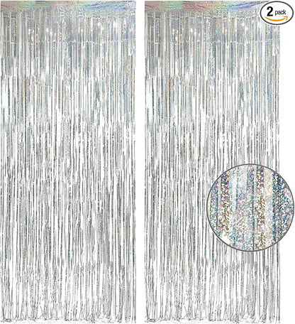 Silver Foil Fringe Tinsel Backdrop - GREATRIL Metallic Tinsel Streamers Curtains for 2026 NYE/Prom/Dancing Ball/Christmas/Bachelorette Party Decorations - Pack of 2