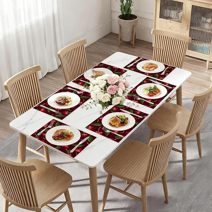 Cherry Table Mats Set of 6,Red Non-Slip Washable Placemats for Restaurant Home Kitchen Dinner Table 12x18Inch