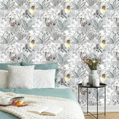 Wudnaye Gray Floral Peel and Stick Wallpaper Vintage Contact Paper 17.7 inch × 196.8 inch Self Adhesive Cactus Wall Paper Stick and Peel Flower Removable Botanical Wallpaper for Bathroom Boho