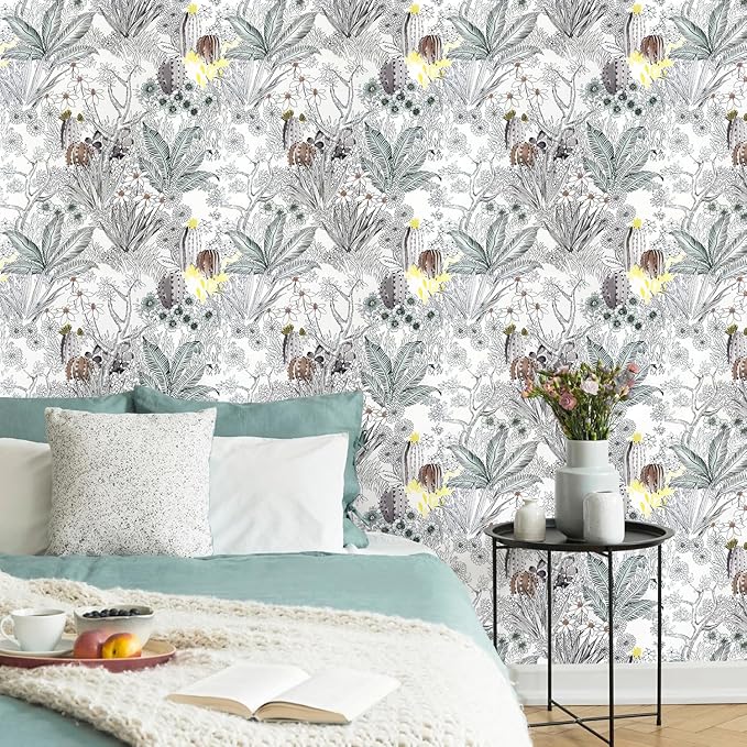Wudnaye Gray Floral Peel and Stick Wallpaper Vintage Contact Paper 17.7 inch × 118.1 inch Self Adhesive Removable Wall Paper Stick and Peel Waterproof Botanical Wallpaper for Bathroom