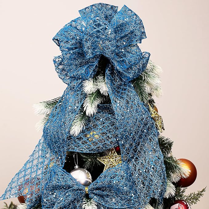 VATIN 6" Blue Christmas Ribbon, Blue Glitter Mesh Diamond Web Sequin Dots Wired Christmas Ribbon for Gift Wrapping Bow Making Wreath Supply-10 Yards