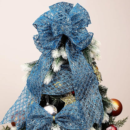 VATIN 6" Blue Christmas Ribbon, Blue Glitter Mesh Diamond Web Sequin Dots Wired Christmas Ribbon for Gift Wrapping Bow Making Wreath Supply-10 Yards