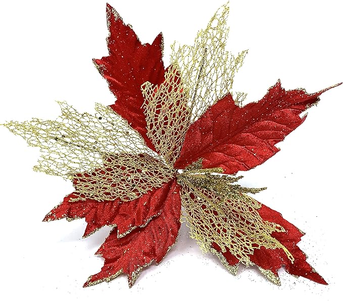 allgala XF93307 Glitter and Sequin Decorated Fabric Poinsettia Artificial Christmas Flower with Clips (Pack of 6, Red Gold)