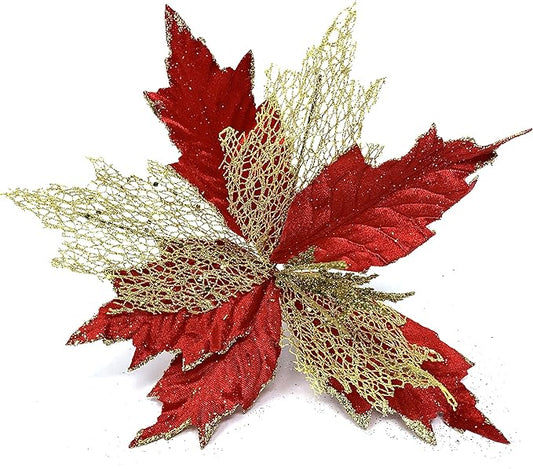 allgala XF93307 Glitter and Sequin Decorated Fabric Poinsettia Artificial Christmas Flower with Clips (Pack of 6, Red Gold)
