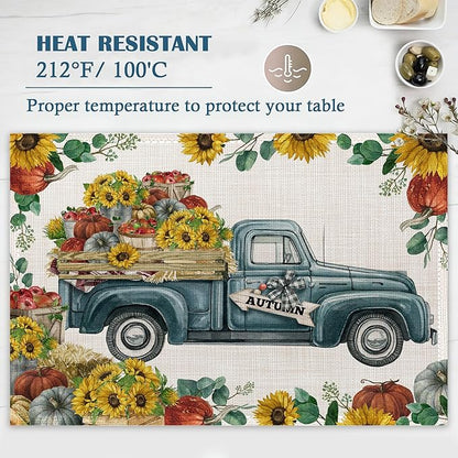 Thanksgiving Placemats Set of 4, Pumpkin Autumn Truck Place Mats Heat Resistant Washable Non-Slip Table Mats for Party Kitchen Dining Decor 12x18 Inch
