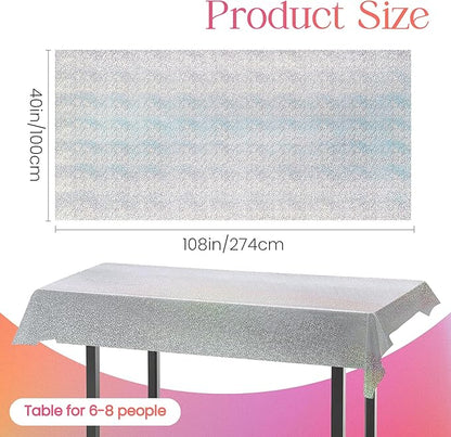 1 pcs Silver Holographic Tablecloths Shiny Disco Laser Table Cloths 40" x 108" Iridescence Plastic White Table Cover for Birthday Party Decoration Wedding Christmas Winter Grad Party Supplies