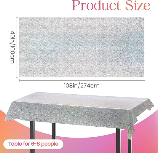 1 pcs Silver Holographic Tablecloths Shiny Disco Laser Table Cloths 40" x 108" Iridescence Plastic White Table Cover for Birthday Party Decoration Wedding Christmas Winter Grad Party Supplies