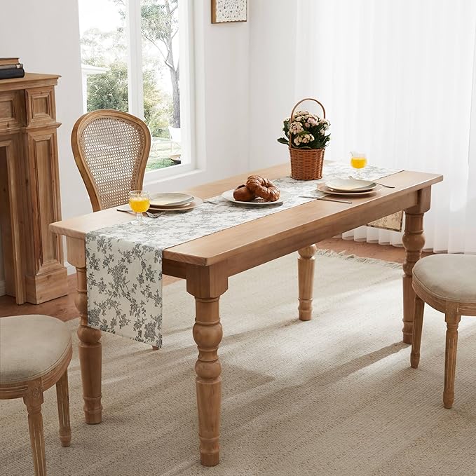 100% Cotton French Pastoral Table Runners, 13x72 Inch Black Farmhouse Table Runners 72 Inches Long, Vintage Flowers Print Home Decors