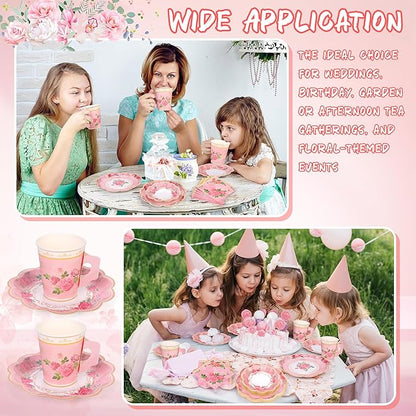96 Pieces Floral Paper Tea Cups and Saucers 9 Oz Teacups with Handle 9 Inch and 7 Inch Paper Plates Saucers Napkins Disposable Tea Party Supplies Serve 24 for Wedding Baby Shower Party, Pink