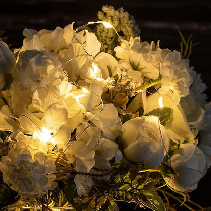 Aitificial LED White Rose Flowers with Glass Vase, Flower Arrangement for Table Centerpiece, Home Office Wedding Decoration