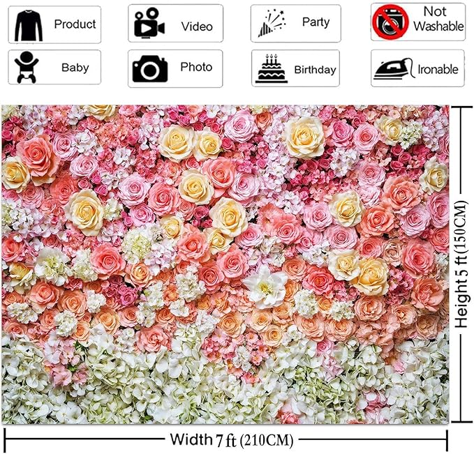 10x6ft Flower Backdrop for Photography Pink Floral Flowers Girls Birthday Baby Shower Mother's Day Wedding Photo Background Cake Table Decoration Supplies Studio Props Banner