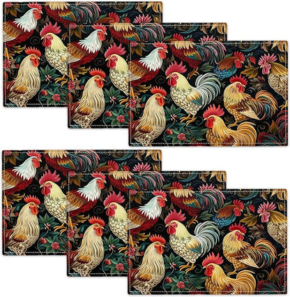 Rooster Placemats Set of 6 Rustic Country Farm Chicken Table Mats Washable Place Mats for Home Party Indoor Kitchen Dining Table Decoration 12x18 Inch