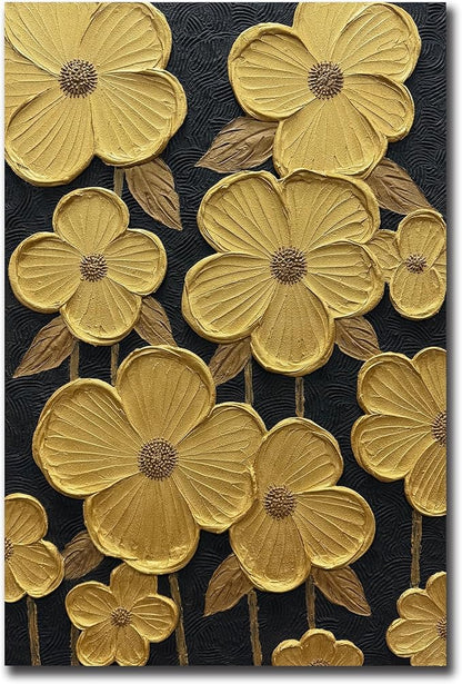 moshinart 24 x 36in Hand-Painted Oil Painting 3D Texture Black White Grey Modern Minimalist Black Abstract Wall Art, Home Office Wall Decoration Gold Petal