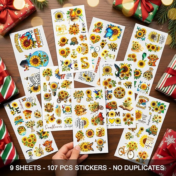 107 PCS Sunflower Stickers Pack, Floral Vinyl Waterproof Decals with Sunflowers Hummingbirds Butterflies, Gift for Teens Adults Students Birthday Christmas Laptop Water Bottle Scrapbook