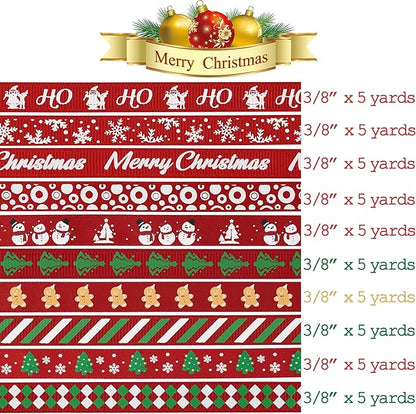MEEDEE 3/8 inch 100 Yards Assorted Christmas Ribbon - Pack of 20 in Red, Green & White - Mix Grosgrain & Double Face Satin Ribbon for Holiday Décor, Gift Wrapping, Xmas Wreath Bow or Crafting Project