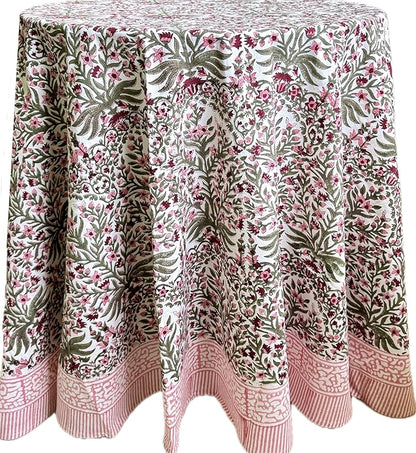 ATOSII Nargis Pink 100% Cotton Round Block Print Summer Tablecloth, Floral Table Cloth Linen for Dining Parties Weddings Outdoors Holidays I 90" Inches Round, 6 Seater I Grandmillennial Farmhouse Boho
