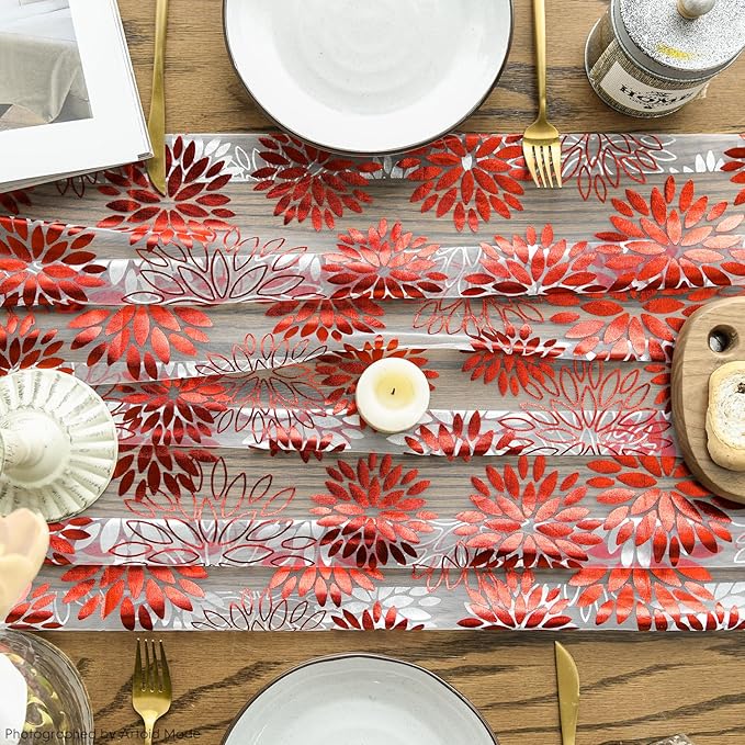 Artoid Mode 3PCS Beige Red Dahlia Flower Gauze Table Runner 120 Inch 10FT, Glitter Metallic Foil Seasonal Sheer Dining Holiday Table Decor for Home Party