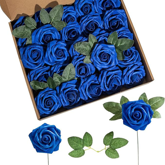 Artificial Flower Foam Rose 25pcs Real Looking Fake Rose with Stems Leaves for Home Decoration Party Garden Centerpieces DIY Wedding Bouquets（Royal Blue）