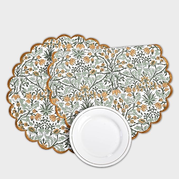 Ridhi Goldenrod Yellow Spring Place Mat Double Layer Floral Cotton Washable Placemats 15" Round Embroidery Block Print Table Mat (Pack of 4-15 Inch Round)