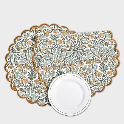 Ridhi Goldenrod Yellow Spring Place Mat Double Layer Floral Cotton Washable Placemats 15" Round Embroidery Block Print Table Mat (Pack of 4-15 Inch Round)