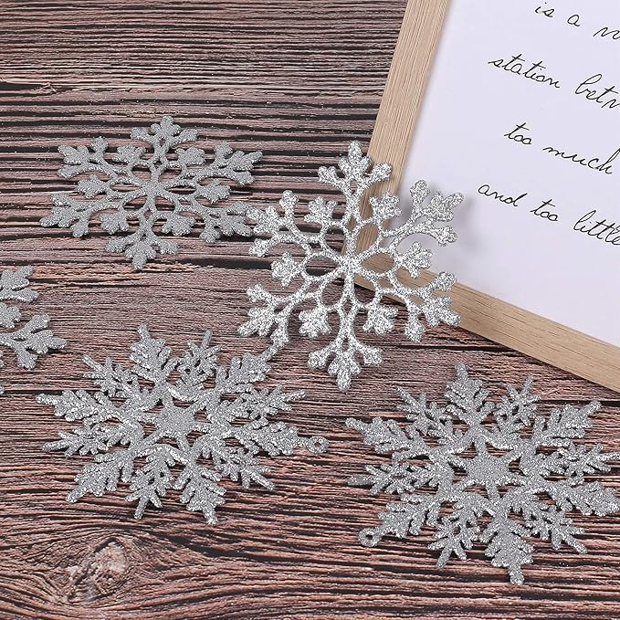 RECUTMS 40 Piece Glitter Snowflake Plastic Ornaments - Silver & White, 4 Inch Snowflake Hanging Decorations for Christmas Tree