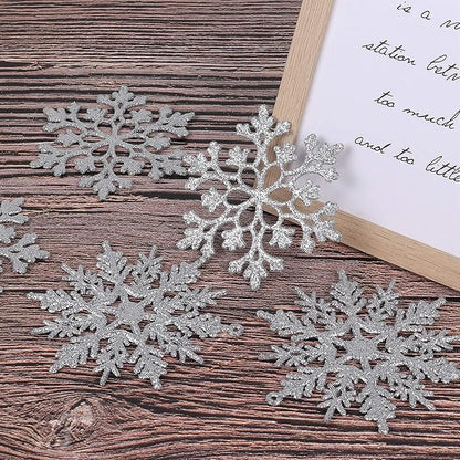 RECUTMS 40 Piece Glitter Snowflake Plastic Ornaments - Silver & White, 4 Inch Snowflake Hanging Decorations for Christmas Tree