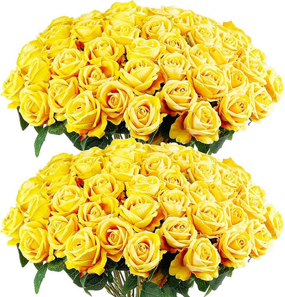 Auihiay 60PCS Yellow Roses Bulk, Yellow Velvet Silk Fake Roses, Realistic Flowers for Wedding Centerpieces, Bridal Bouquets, Home Decor, Baby Shower, Valentine's Day Party Decorations