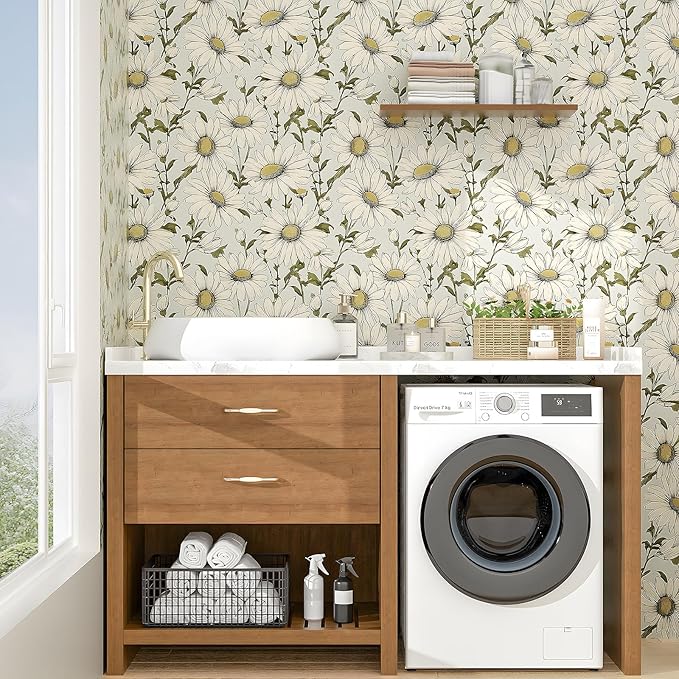 Boho Wallpaper Peel and Stick Daisy Floral Wallpaper 17.5in x32.8ft Vintage Leaf Contact Paper Vinyl Self Adhesive Removable Modern Floral Wall Paper for Bedroom Walls Cabinet Drawer
