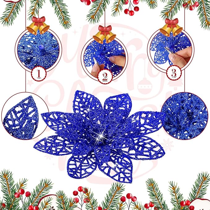 Boao Cobalt Blue 24 Pieces Poinsettia Flower Christmas Glitter Artificial Poinsettia with Clips Christmas Tree Ornament Decorations for DIY Xmas Wreath Holiday Home Party Decor, 3/4/6 Inches