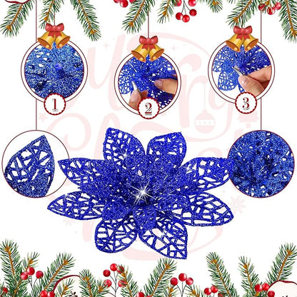 Boao Cobalt Blue 24 Pieces Poinsettia Flower Christmas Glitter Artificial Poinsettia with Clips Christmas Tree Ornament Decorations for DIY Xmas Wreath Holiday Home Party Decor, 3/4/6 Inches