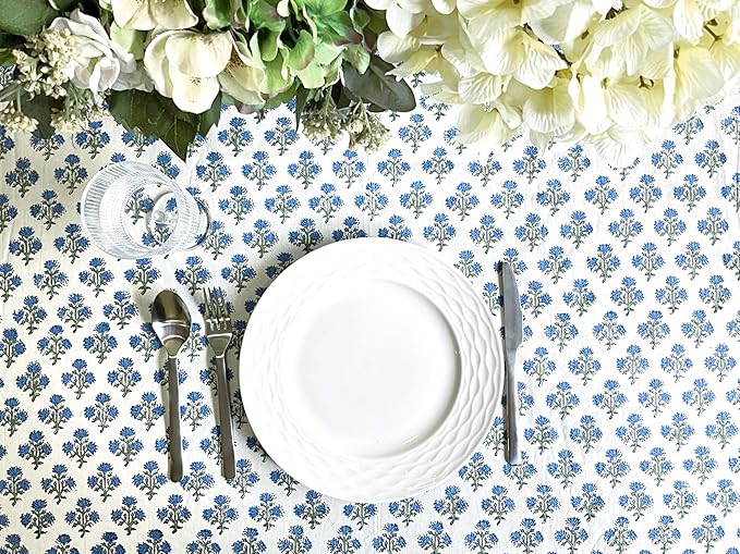 ATOSII Gulbahar Blue 100% Cotton Fall Rectangle Tablecloth, Handblock Print Floral Table Cloth for Kitchen Dining Linen I Thanksgiving Christmas Weddings Outdoors I 72 X 108 Inches I 8 Seater