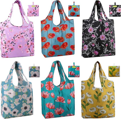 BeeGreen Reusable Grocery Bags 6 Pack, Heavy Duty Totes for Women, Foldable Grocery Bag Large Shopping Totes with Handles for Work, Travel, Gift, Store, Polyester Washable Reusable Tote Bag