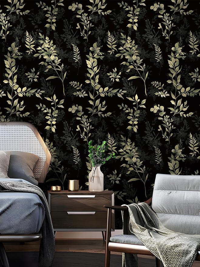 Peel and Stick Wallpaper Boho Leaf Removable Wallpaper Black Textured Renter Friendly for Bathroom Botanical Floral Self Adhesive Contact Paper for Cabinet Countertop 17.5 x 118 in