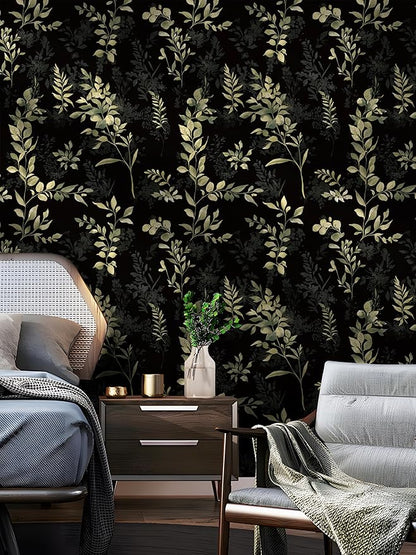 Peel and Stick Wallpaper Boho Leaf Removable Wallpaper Black Textured Renter Friendly for Bathroom Botanical Floral Self Adhesive Contact Paper for Cabinet Countertop 17.5 x 118 in