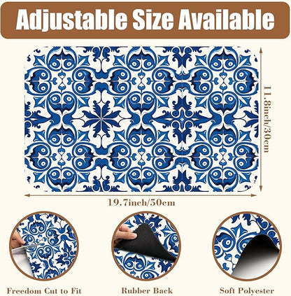 Dish Drying Mat Blue Portuguese Tiles Coffee Bar Mat for Countertop Absorbent Rubber Backed Hide Stain Dish Drainer Rack Pad Espresso Machine Cafe Table Dining Room Decoration 11.8 x 19.7 Inch